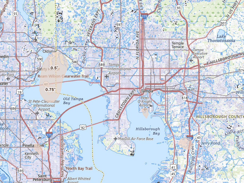 Radar-estimated hail-size map of the storm over Tampa, FL on Aug 19, 2026