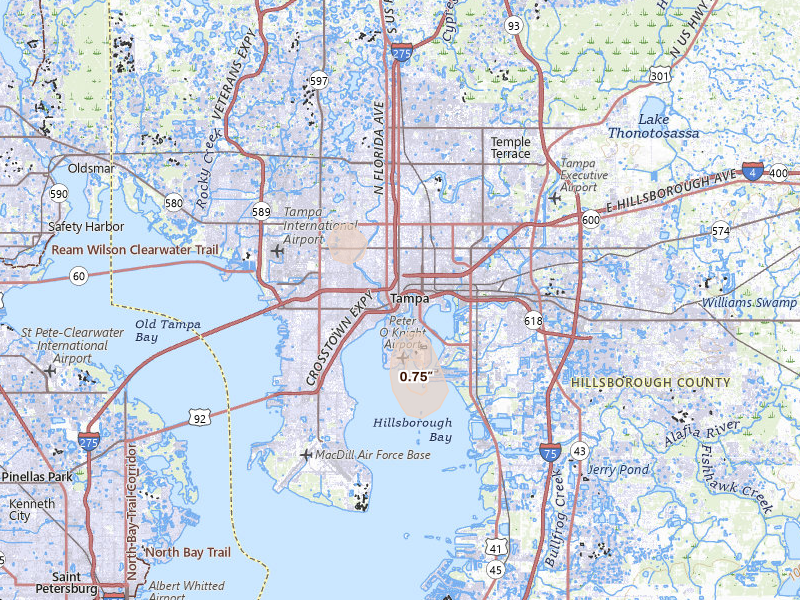 Radar-estimated hail-size map of the storm over Tampa, FL on Aug 29, 2026