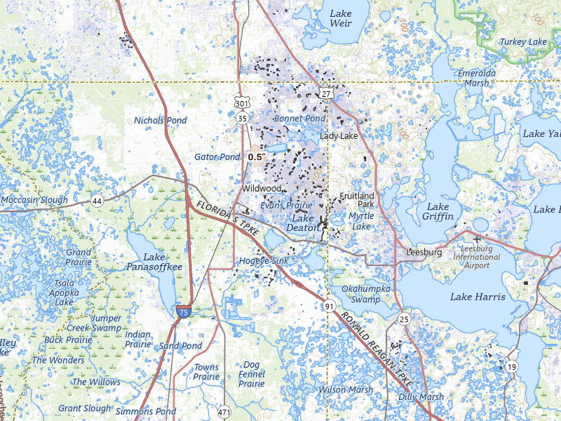 Radar-estimated hail-size map of the storm over The Villages, FL on May 21, 2026