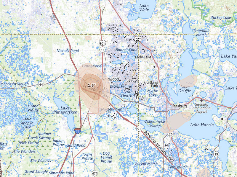 Radar-estimated hail-size map of the storm over The Villages, FL on Jun 29, 2026