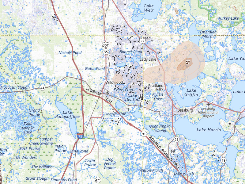 Radar-estimated hail-size map of the storm over The Villages, FL on Jun 30, 2026