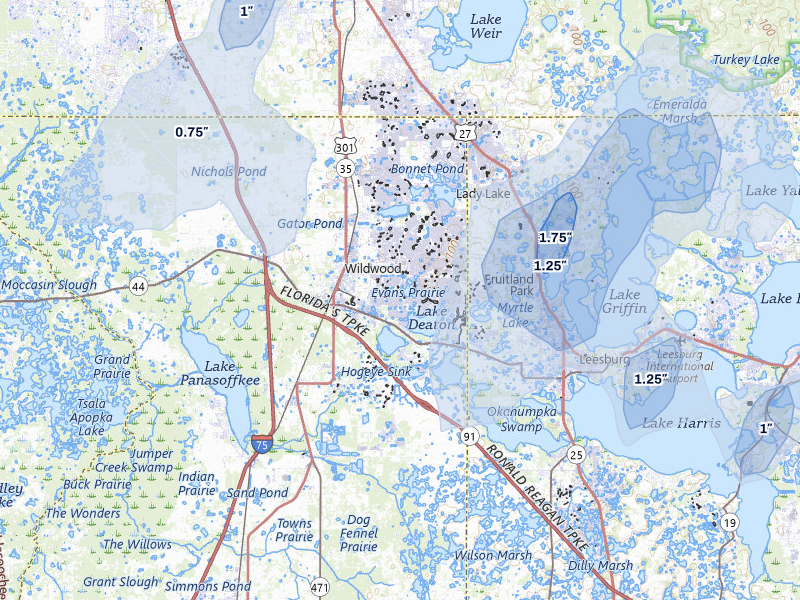 NEXRAD radar-signature map of the hail storm over The Villages, FL on Jun 30, 2026
