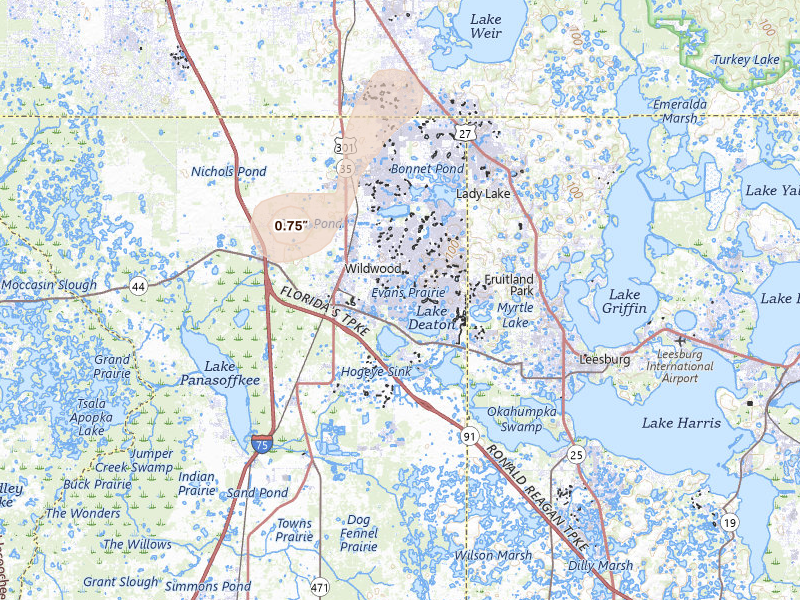 Radar-estimated hail-size map of the storm over The Villages, FL on Jul 25, 2026