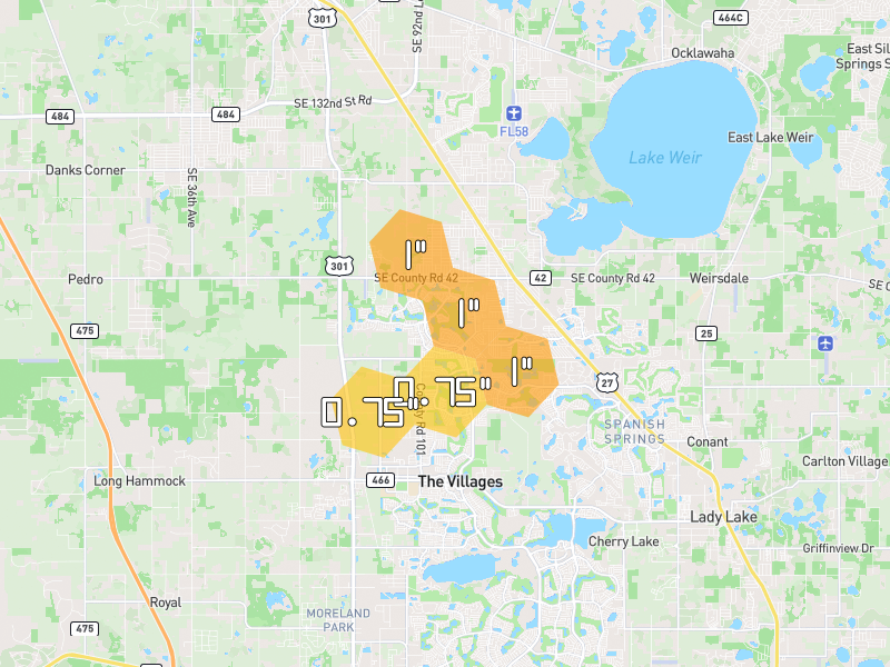 Hail map of The Villages, FL on Jul 25, 2026, hail up to 1"