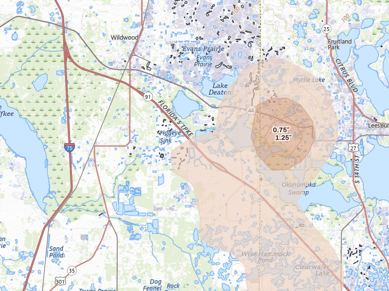 Radar-estimated hail-size map of the storm over The Villages, FL on Aug 19, 2026