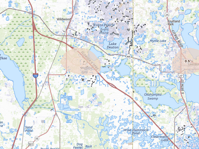 Radar-estimated hail-size map of the storm over The Villages, FL on Aug 20, 2026