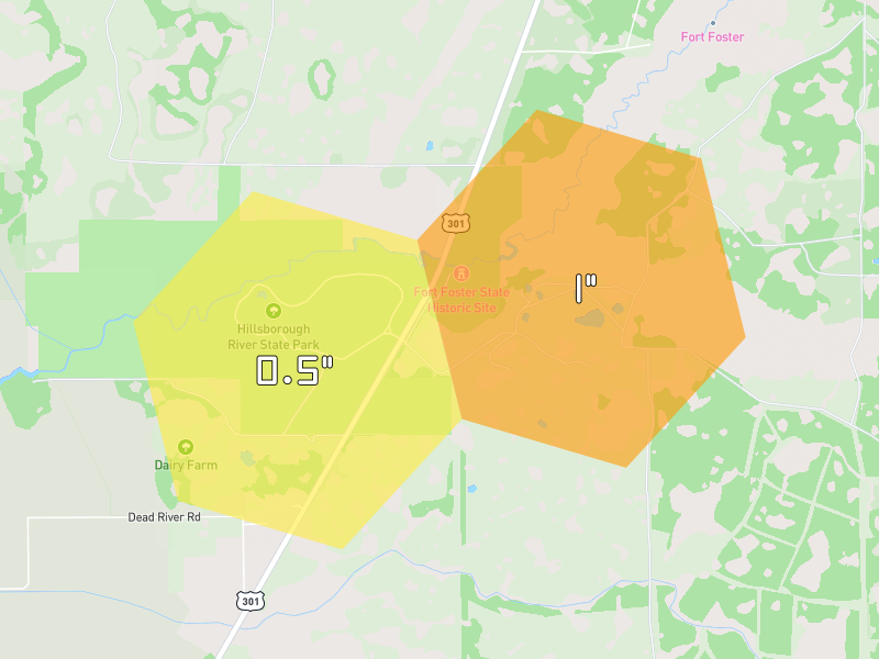 Hail map of Thonotosassa, FL on Jun 30, 2026, hail up to 1"