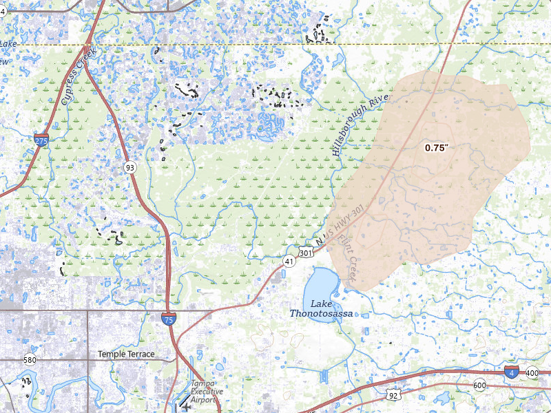 Radar-estimated hail-size map of the storm over Thonotosassa, FL on Jul 11, 2026