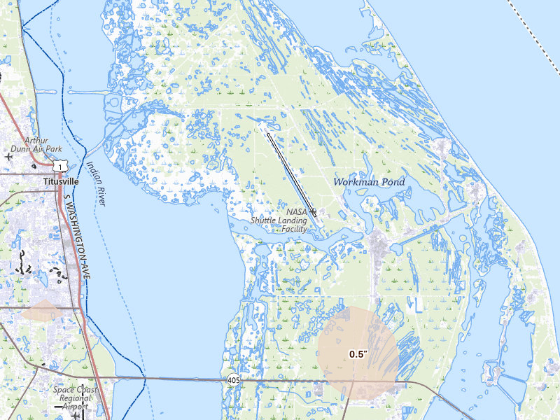 Radar-estimated hail-size map of the storm over Titusville, FL on Jun 24, 2026