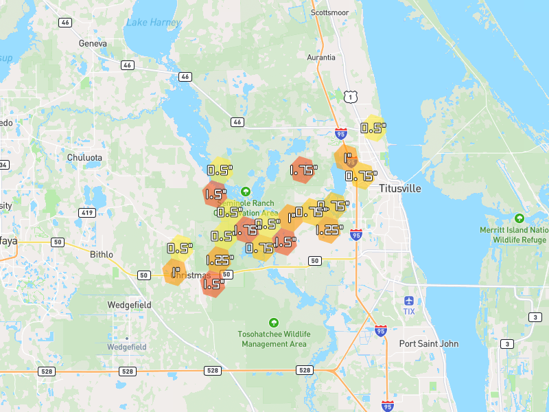 Hail map of Titusville, FL on Jul 6, 2026, hail up to 1.75"