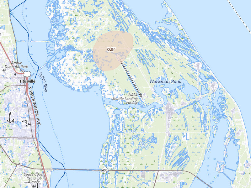 Radar-estimated hail-size map of the storm over Titusville, FL on Jul 28, 2026