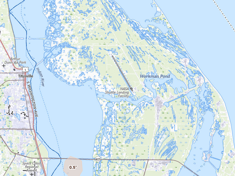 Radar-estimated hail-size map of the storm over Titusville, FL on Jul 31, 2026
