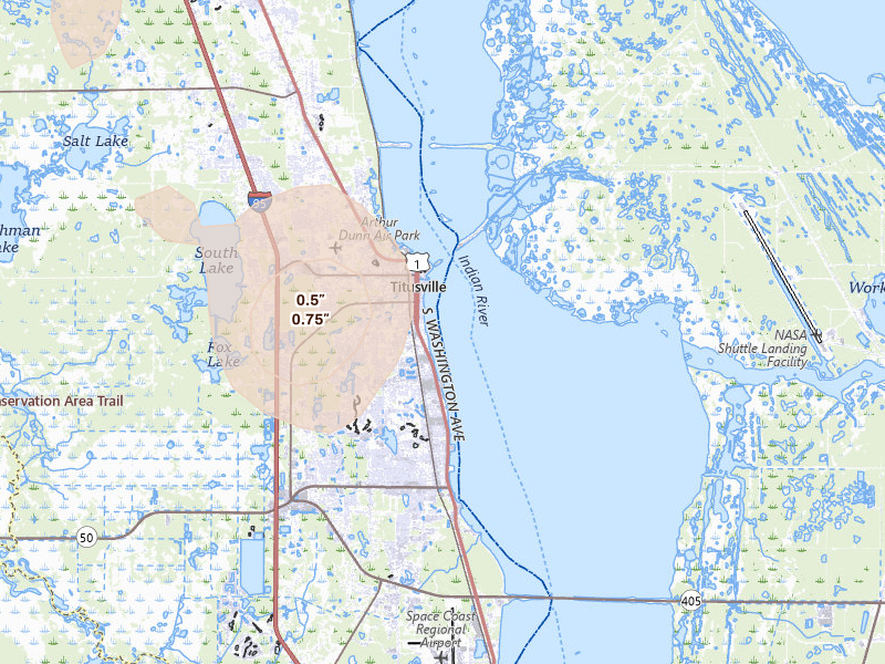 Radar-estimated hail-size map of the storm over Titusville, FL on Aug 19, 2026