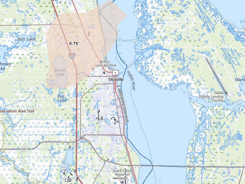 Radar-estimated hail-size map of the storm over Titusville, FL on Aug 21, 2026