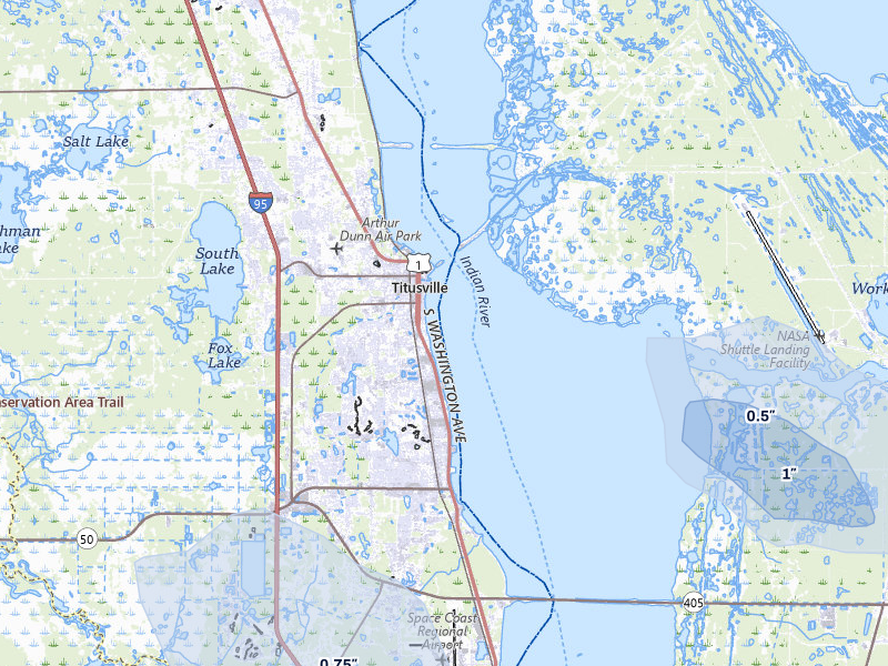 NEXRAD radar-signature map of the hail storm over Titusville, FL on Aug 25, 2026