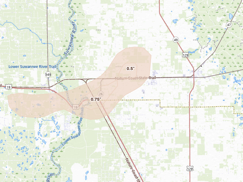 Radar-estimated hail-size map of the storm over Trenton, FL on Mar 6, 2026