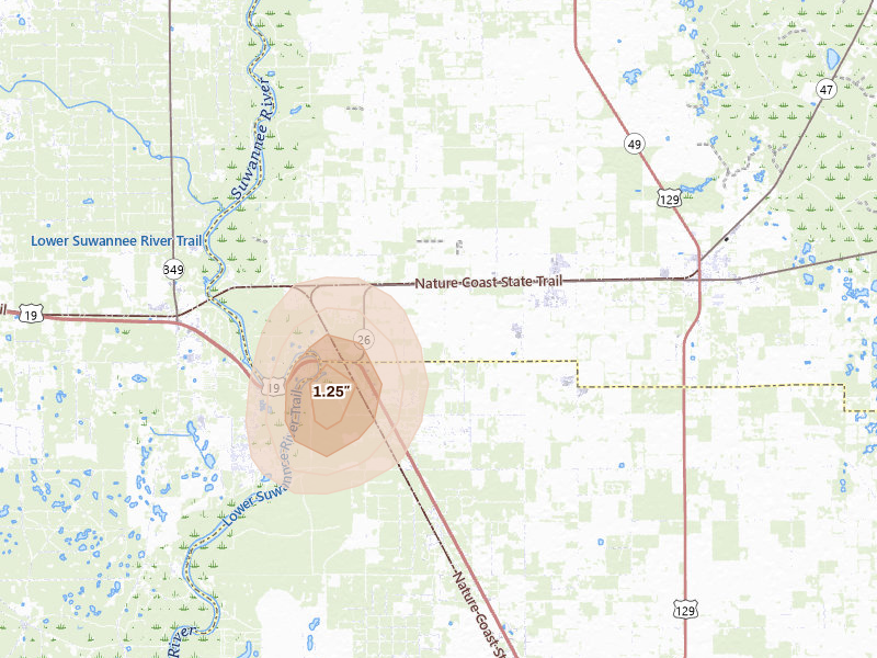 Radar-estimated hail-size map of the storm over Trenton, FL on Apr 3, 2026