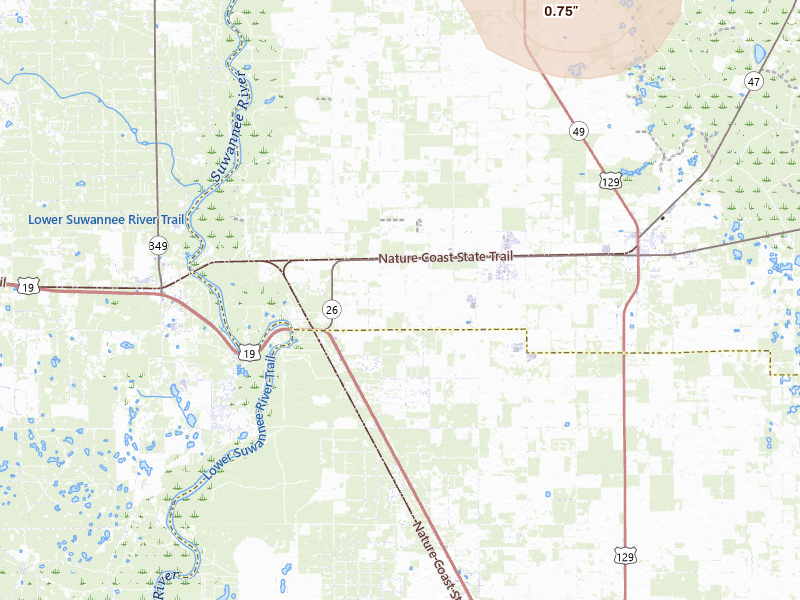 Radar-estimated hail-size map of the storm over Trenton, FL on May 21, 2026