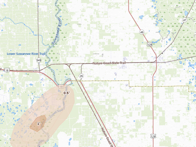 Radar-estimated hail-size map of the storm over Trenton, FL on Jun 30, 2026