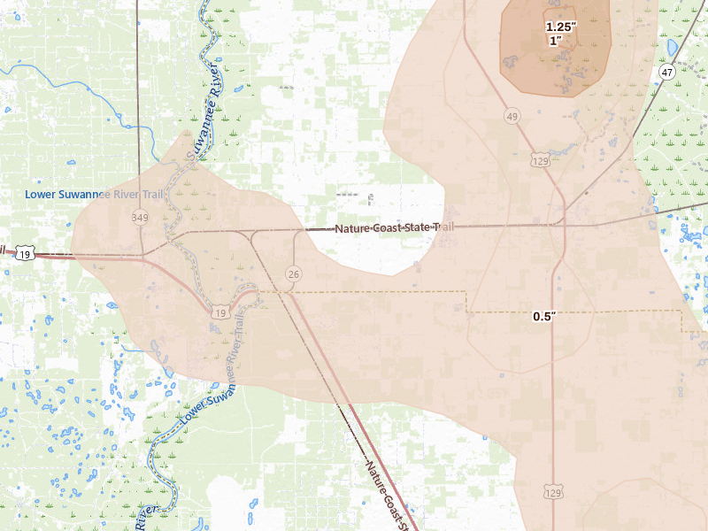 Radar-estimated hail-size map of the storm over Trenton, FL on Jul 17, 2026