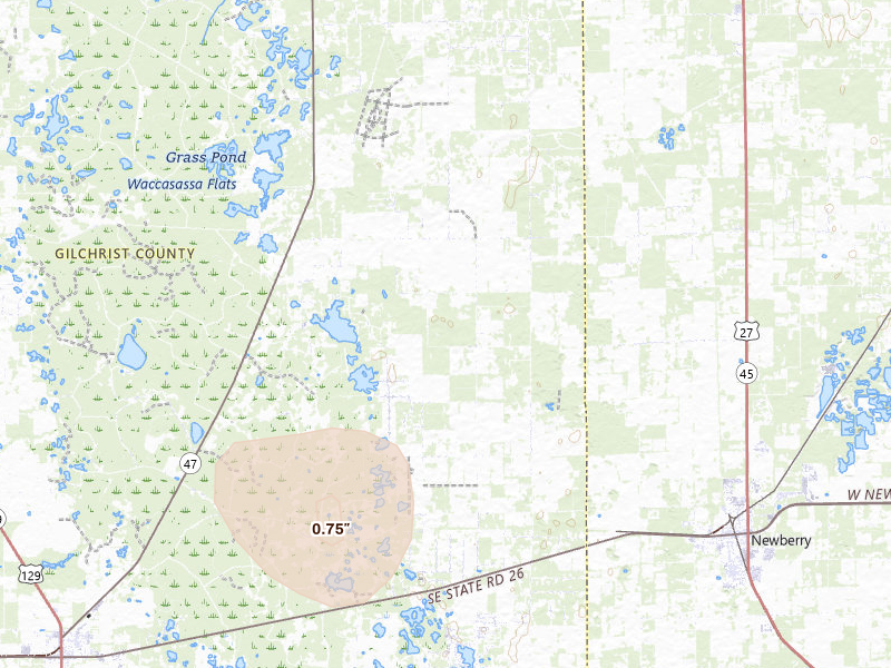 Radar-estimated hail-size map of the storm over Trenton, FL on Aug 9, 2026