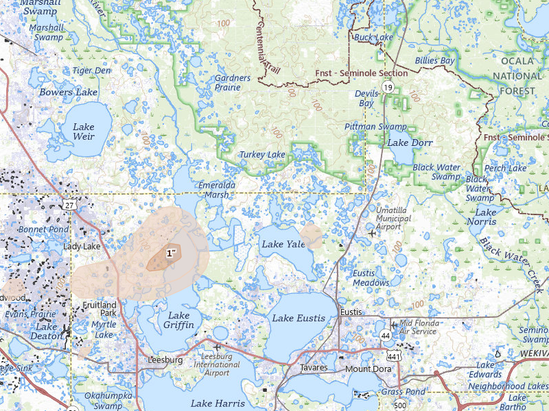 Radar-estimated hail-size map of the storm over Umatilla, FL on Jun 30, 2026