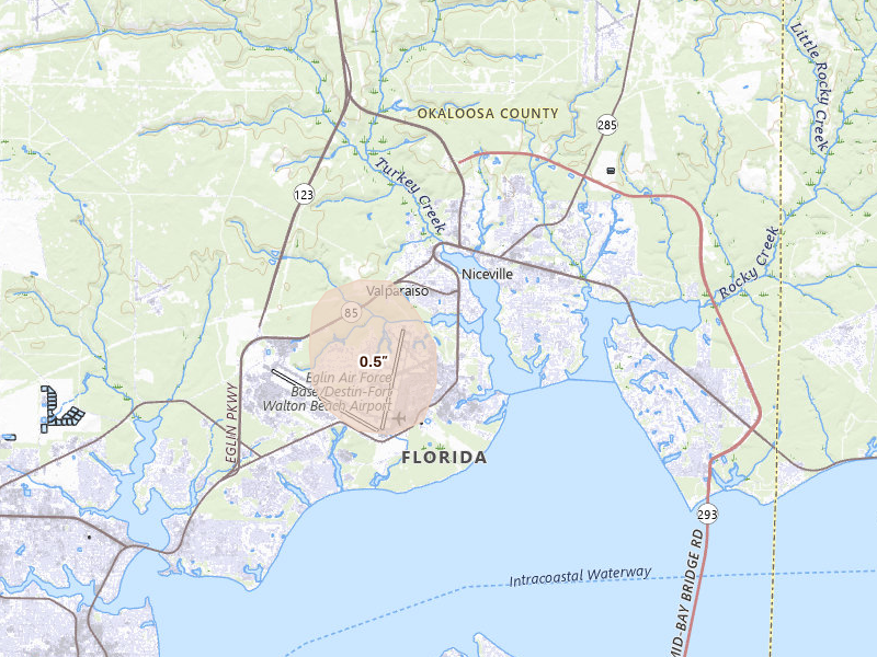 Radar-estimated hail-size map of the storm over Valparaiso, FL on Jul 30, 2026
