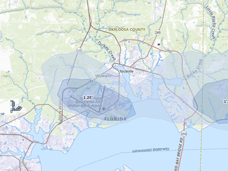 NEXRAD radar-signature map of the hail over Valparaiso, FL