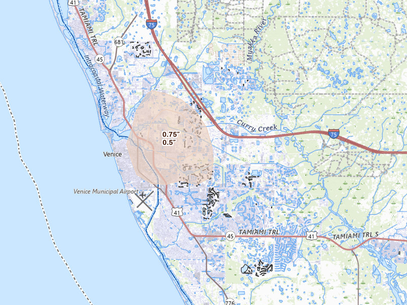 Radar-estimated hail-size map of the storm over Venice, FL on May 18, 2026