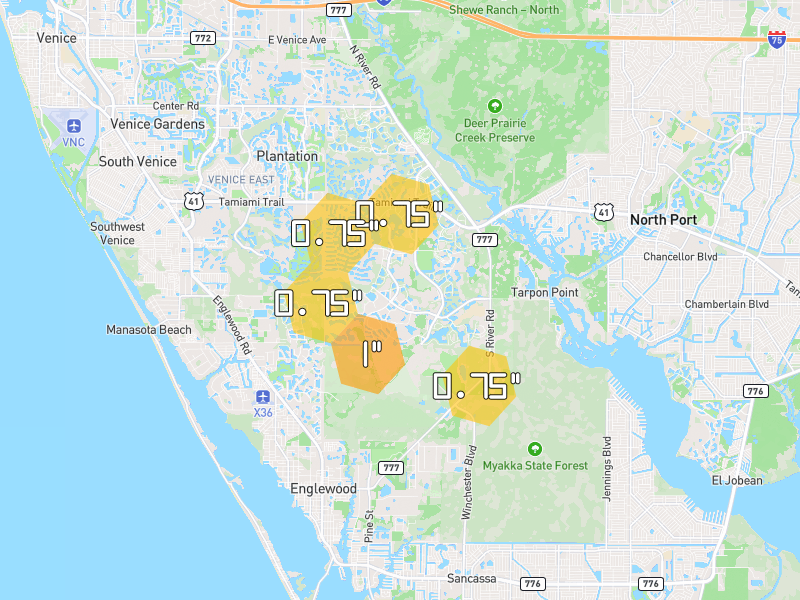 Hail map of Venice, FL on Jul 24, 2026, hail up to 1"