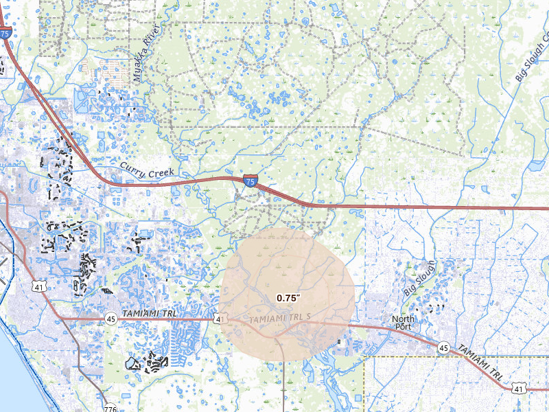 Radar-estimated hail-size map of the storm over Venice, FL on Aug 29, 2026