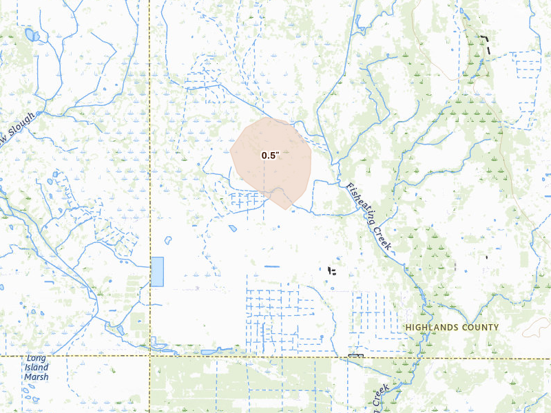 Radar-estimated hail-size map of the storm over Venus, FL on Aug 8, 2026