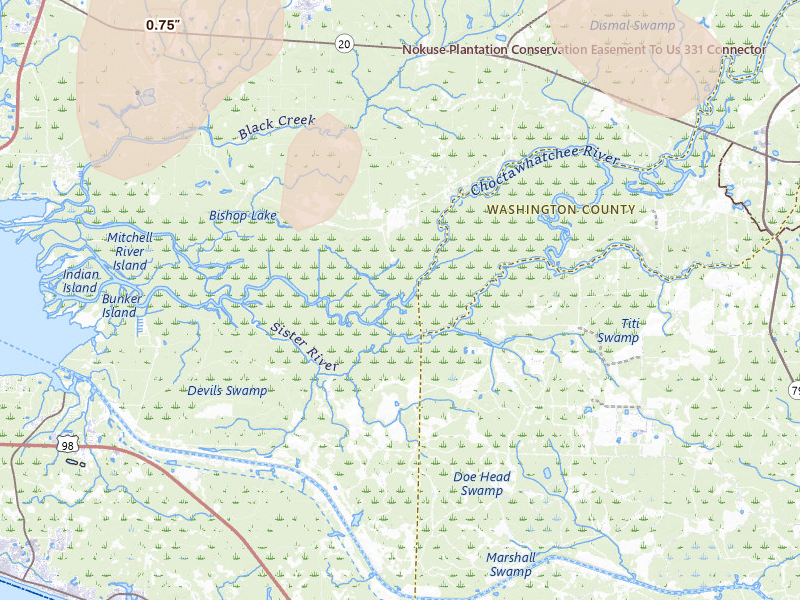Radar-estimated hail-size map of the storm over Vernon, FL on Jul 30, 2026