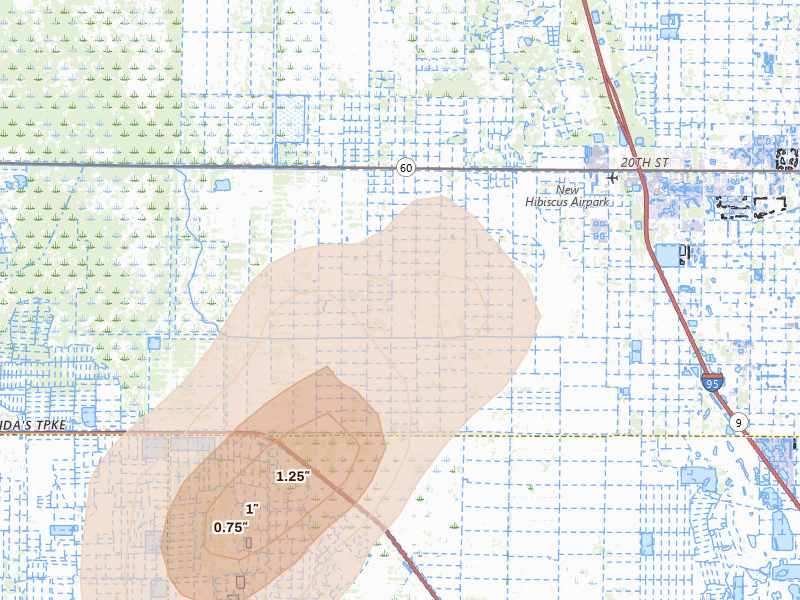Radar-estimated hail-size map of the storm over Vero Beach, FL on Jun 24, 2026