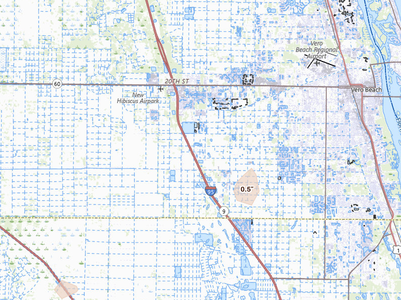Radar-estimated hail-size map of the storm over Vero Beach, FL on Aug 4, 2026