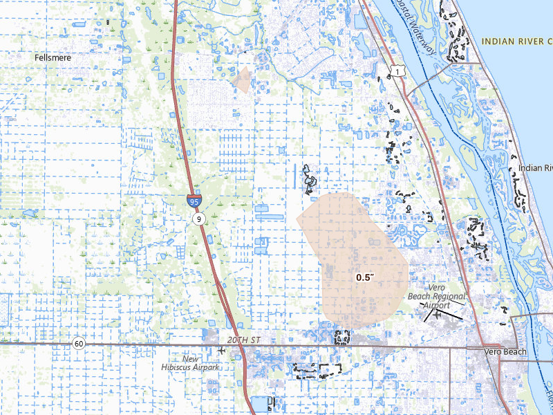 Radar-estimated hail-size map of the storm over Vero Beach, FL on Aug 20, 2026