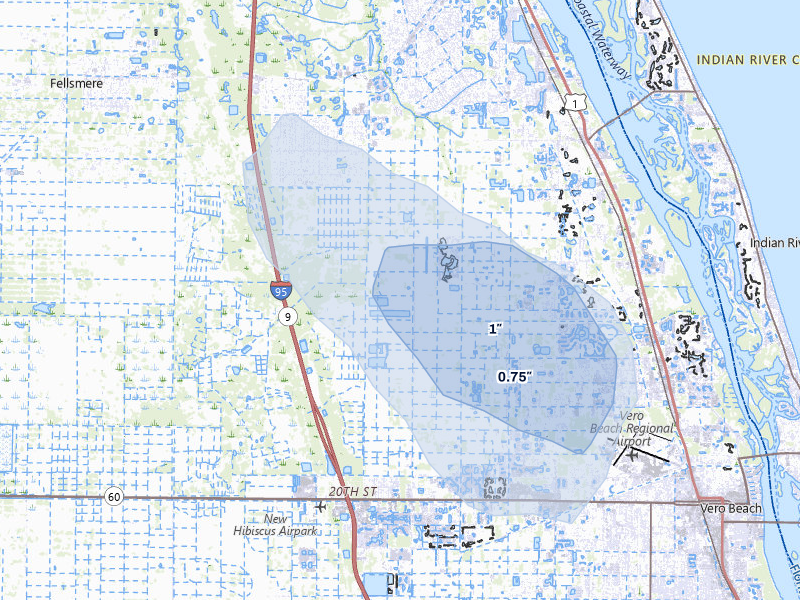 NEXRAD radar-signature map of the hail storm over Vero Beach, FL on Aug 20, 2026
