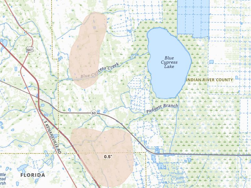 Radar-estimated hail-size map of the storm over Vero Beach, FL on Aug 21, 2026