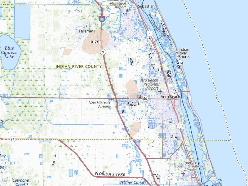 Radar-estimated hail-size map of the storm over Vero Beach, FL on Aug 26, 2026