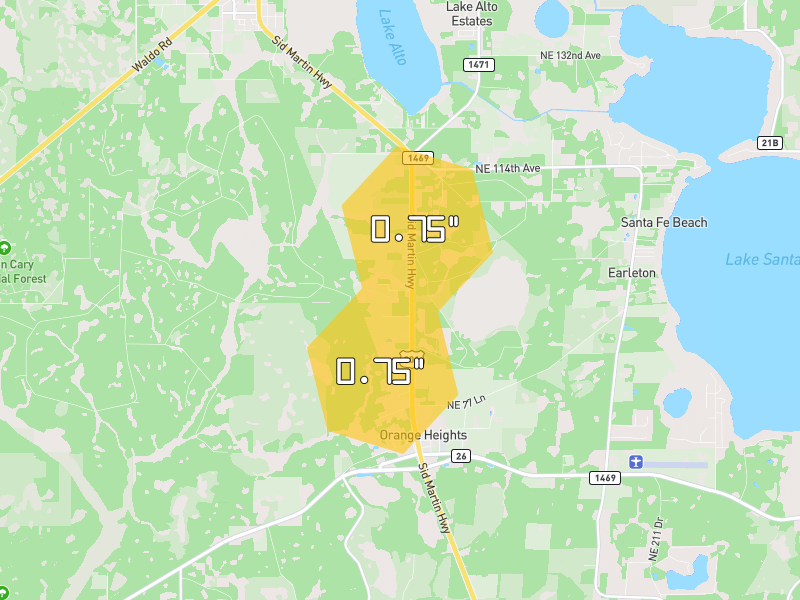 Hail map of Waldo, FL on Jul 10, 2026, hail up to 0.75"