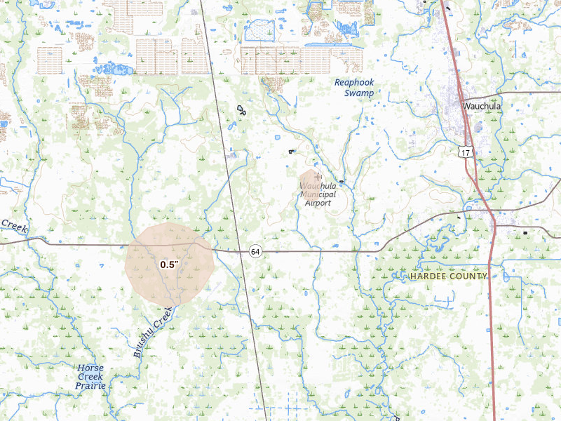 Radar-estimated hail-size map of the storm over Wauchula, FL on Jun 29, 2026