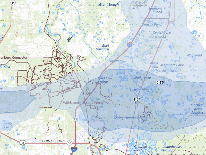 NEXRAD radar-signature map of the hail storm over Webster, FL on Jul 10, 2026