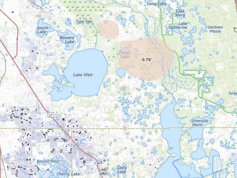 Radar-estimated hail-size map of the storm over Weirsdale, FL on May 17, 2026