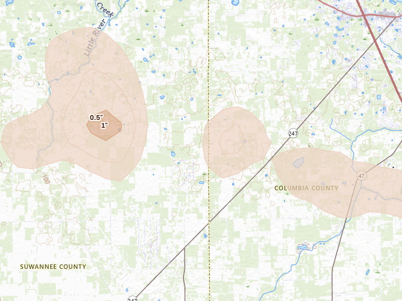 Radar-estimated hail-size map of the storm over Wellborn, FL on May 17, 2026