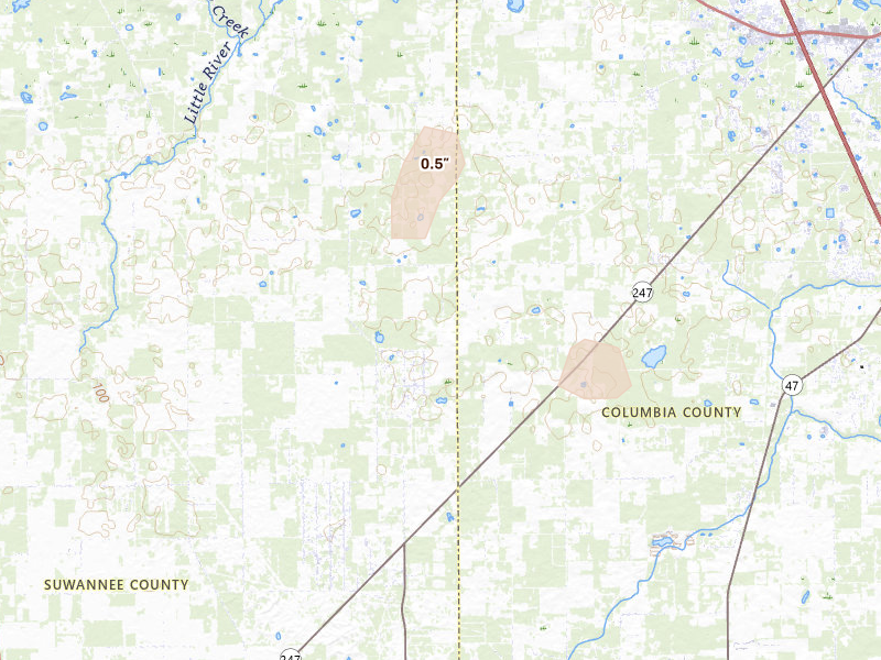 Radar-estimated hail-size map of the storm over Wellborn, FL on Aug 23, 2026