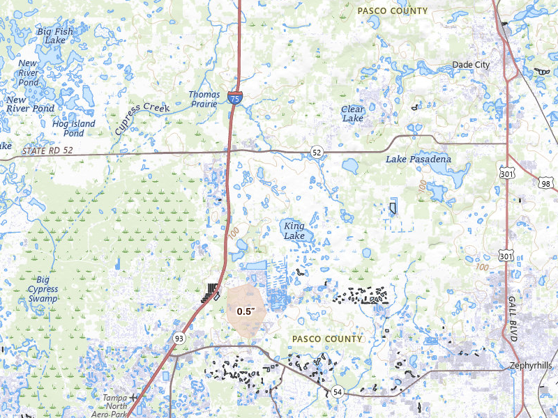 Radar-estimated hail-size map of the storm over Wesley Chapel, FL on Mar 5, 2026
