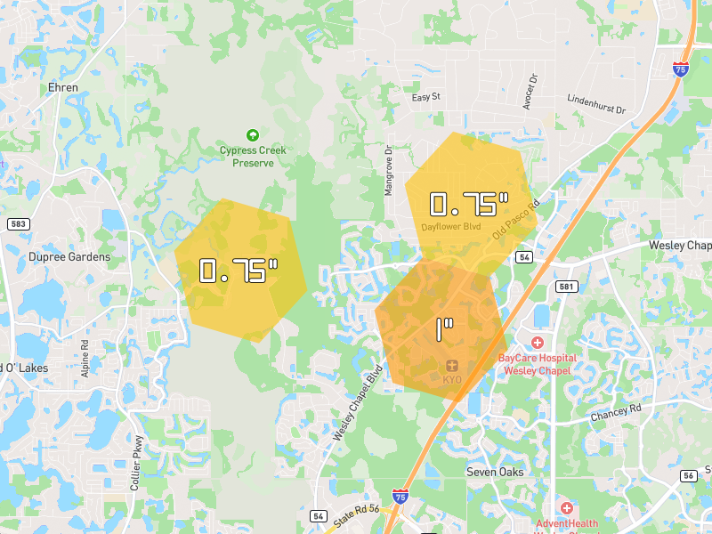 Hail map of Wesley Chapel, FL on Jun 30, 2026, hail up to 1"