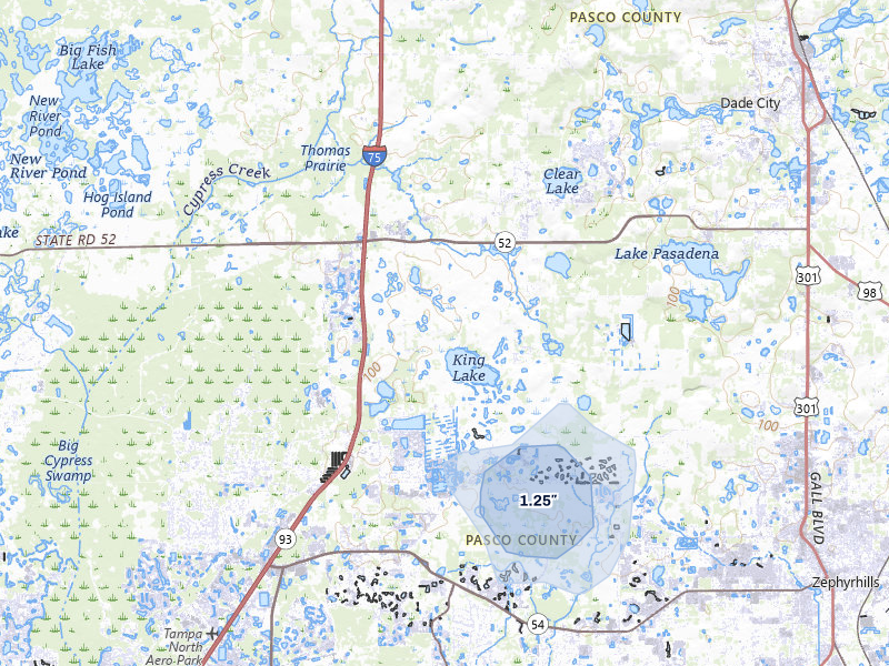NEXRAD radar-signature map of the hail storm over Wesley Chapel, FL on Jul 9, 2026