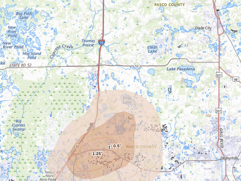 Radar-estimated hail-size map of the storm over Wesley Chapel, FL on Jul 10, 2026