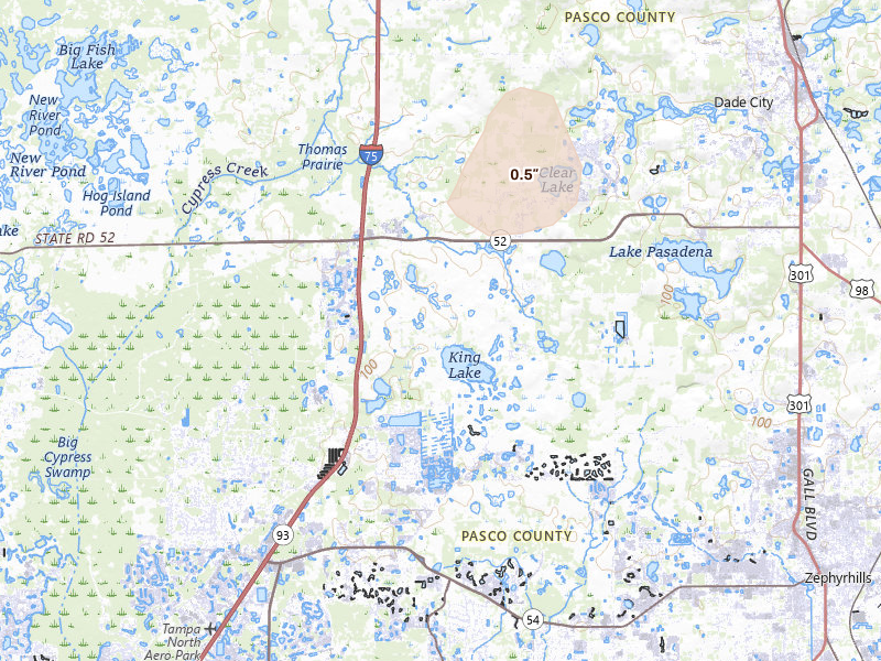 Radar-estimated hail-size map of the storm over Wesley Chapel, FL on Jul 17, 2026